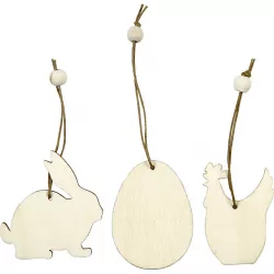   Fa figurák akasztóval, húsvéti, 9 db/csomag (nyuszi, tojás, tyúk), 6 cm