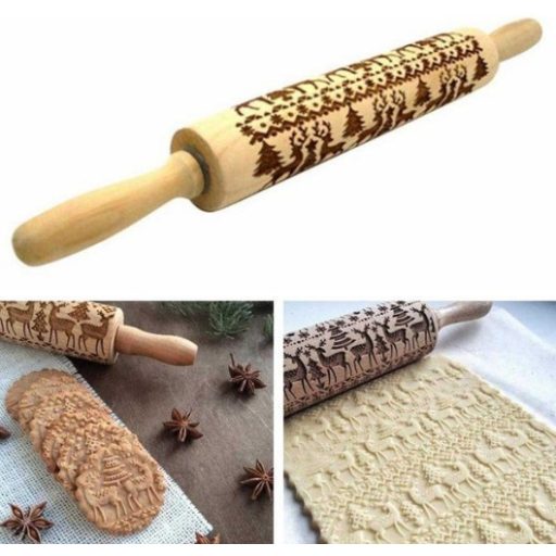 Karácsonyi mintás sodrófa, mintás nyújtófa, kekszmintázó sodrófa