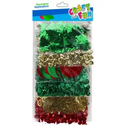   Karácsonyi konfettik, 6 féle (fenyőfa, körök, stb.), 30g, zöld-piros-arany